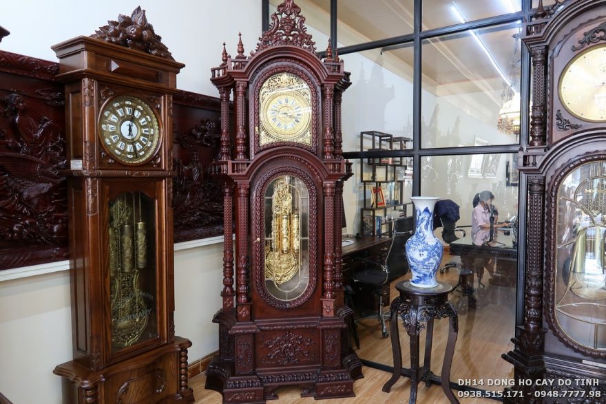 DH14: Đồng hồ cây máy tạ gỗ gụ dát vàng Dong Ho Cay DH14 00012