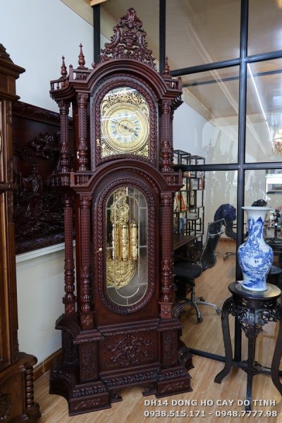 DH14: Đồng hồ cây máy tạ gỗ gụ dát vàng Dong Ho Cay DH14 00014