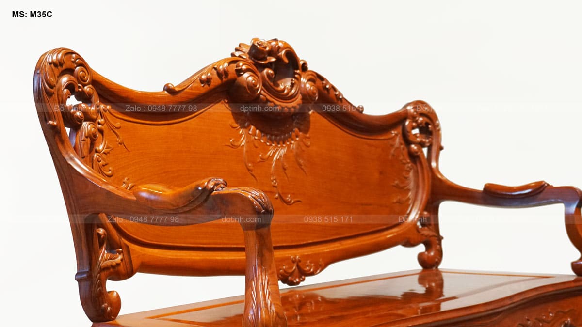 M35C: Bộ bàn ghế Louis hoàng gia | gỗ hương Lào Bộ bàn ghế Louis hoàng gia gỗ hương Lào - phần vai ghế được bẻ cong mềm mại