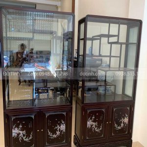 TU30-2021| Cặp Tủ Bày Đồ Khảm Cảnh Mai Treo Gỗ Gụ