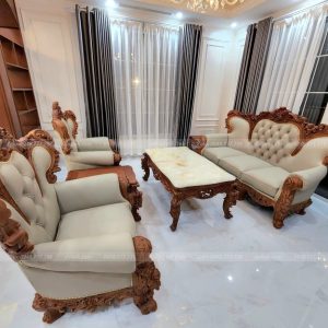 HG05| Bộ Bàn Ghế Hoàng Gia Bọc Da Cao Cấp| Gỗ Gõ Đỏ 6 Món