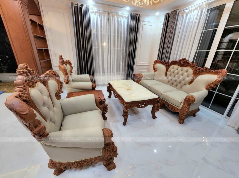 HG05| Bộ Bàn Ghế Hoàng Gia Bọc Da Cao Cấp| Gỗ Gõ Đỏ 6 Món
