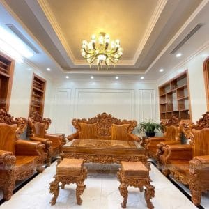 HG04| Bộ Bàn Ghế Hoàng Gia Tựa Nguyên Khối- Gỗ Gõ 10 Món