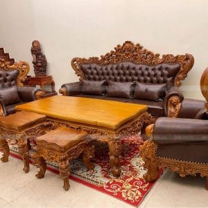 HG01| Bộ Bàn Ghế Hoàng Gia Gỗ Gõ Đỏ- Bọc Da Bò- 6 Món
