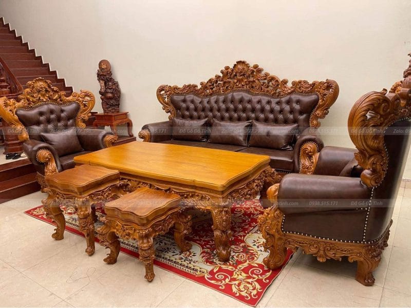 HG01| Bộ Bàn Ghế Hoàng Gia Gỗ Gõ Đỏ- Bọc Da Bò- 6 Món