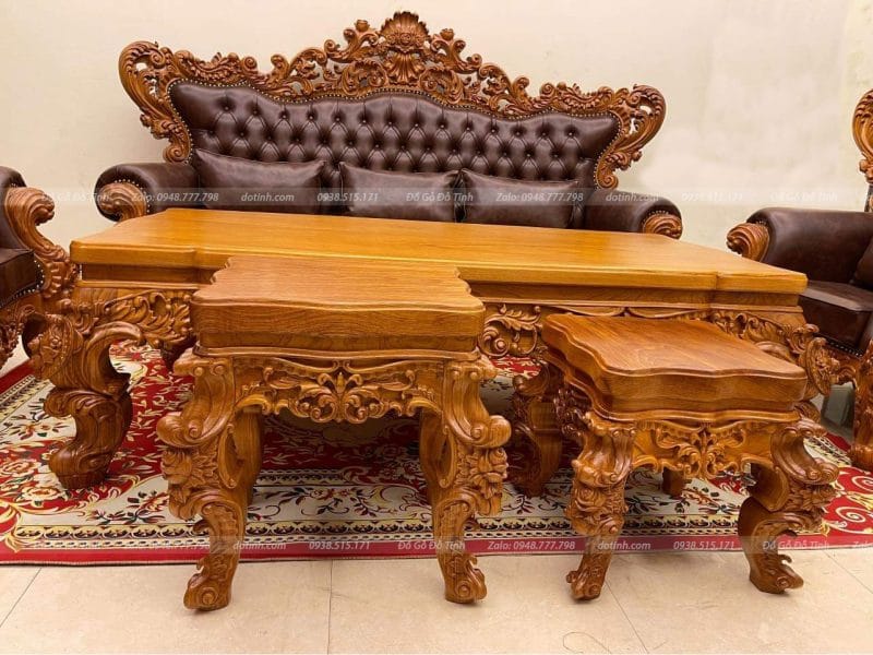 HG01| Bộ Bàn Ghế Hoàng Gia Gỗ Gõ Đỏ- Bọc Da Bò- 6 Món