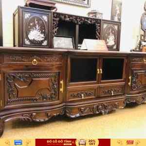 TV14 - Mẫu Kệ Tân Cổ Điển Gỗ Gụ Cao Cấp - [2m2.80.50]4 Hộc , 2 Cửa Kính , 2 Cánh Tủ - Hàng đặt cao cấp