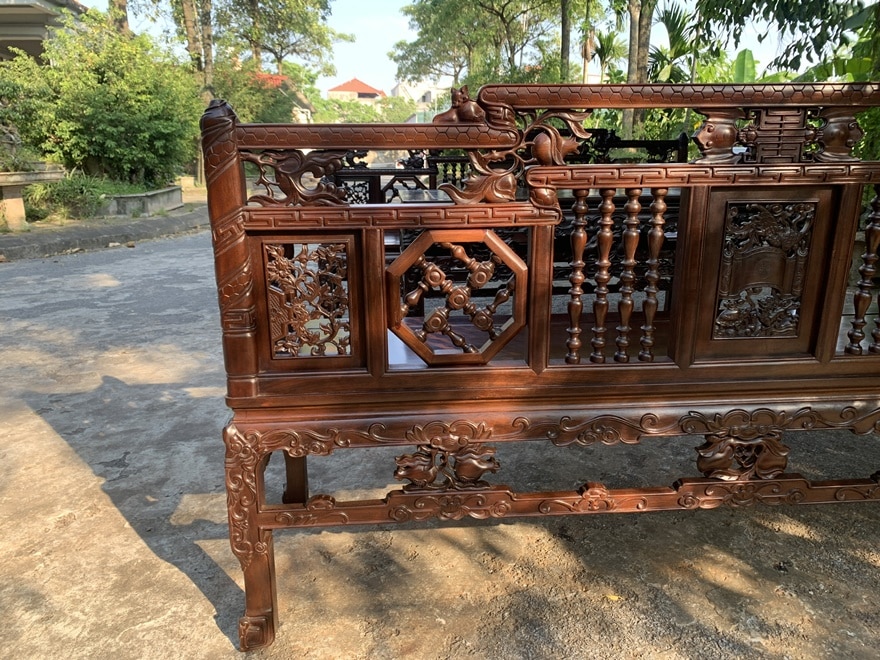 Mã 36: BỘ TRƯỜNG KỶ SONG TIỆN NGŨ QUẢ HUẾ - GỖ GỤ TA - ĐOẢN DÀI 2m17 .55cm - ( HÀNG ĐỤC TAY TINH XẢO ) hình tượng ngũ quả bao gồm lê, na, đào, lựu, phật thủ - đại diện cho ngũ phúc