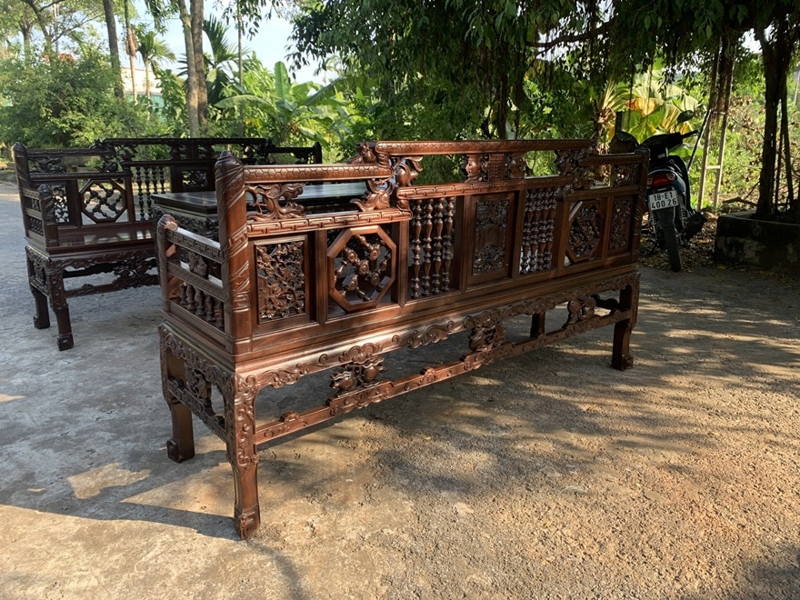 Mã 36: BỘ TRƯỜNG KỶ SONG TIỆN NGŨ QUẢ HUẾ - GỖ GỤ TA - ĐOẢN DÀI 2m17 .55cm - ( HÀNG ĐỤC TAY TINH XẢO ) truong ky song tien ngu qua sang trong