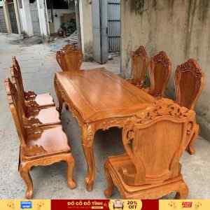 BA21 Bộ bàn ghế ăn hoa lá tây tựa cong [Gõ Đỏ, Mặt liền 3cm] Cao Cấp